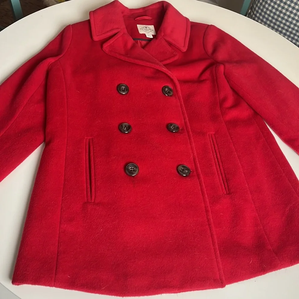 St. Johns Bay Red Wool Coat- front pockets- interior lining pocket- size Large - Picture 3 of 16